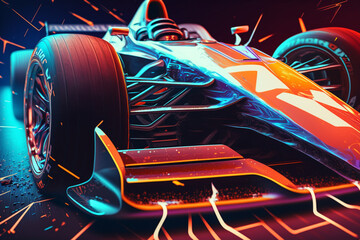 race car, neon style, close-up, portrait, bright background, nature background, high quality, high detail, 8k  8, Generative AI