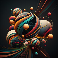 Abstract futuristic contemporary modern cosmic design in cartoon style with spheres, stripes and lines.