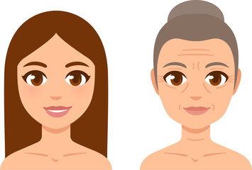 Young girl and senior woman with gray hair and wrinkles. Aging process and female health. Cartoon illustration.