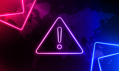 Attention Danger Hacking. Neon Symbol on Blue and Pink Map Background. Security protection, Malware, Hack Attack, Data Breach. System hacked error, Attacker alert sign computer virus.Ransomware.Vector