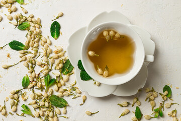 Jasmine Tea, drink , Jasmine flowers, dry, herbal, tea, top view, no people,