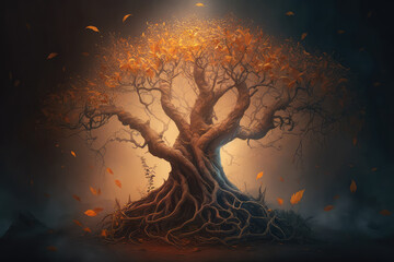 Night magical fantasy forest. Forest landscape, orange brown tree, magical lights in the forest. 3D illustration. (ai generated)