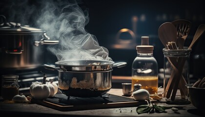 Boiled casserole with steam on cooker, dark kitchen indoor background. AI generative image.