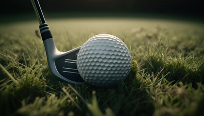 Close up golf club and ball on green grass lawn of course background. Sport game concept. AI generative image.