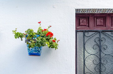Fototapeta na wymiar Flower pots decorating typical Andalusian houses in Mijas, Spain