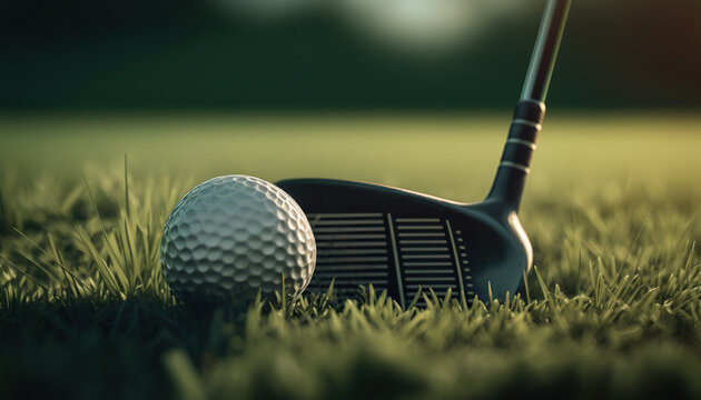 Close up golf club and ball on green grass lawn of course background. Sport game concept. AI generative image.