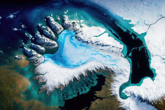 Glaciers and ice melting in the North, satellite image showing the environmental situation in the Northern region, global warming. contains modified Copernicus Sentinel, generative AI