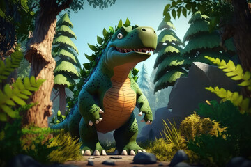Tyrannosaurus. T. rex dinosaur cartoon character in the forest. Funny animal 3d illustration (ai generated)