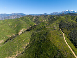 Yucaipa, California, looking at the Crafton Hills from a UAV Drone with Hiking Trails in the Green Hills