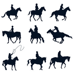 Set of cowboy, horse rider silhouette illustration