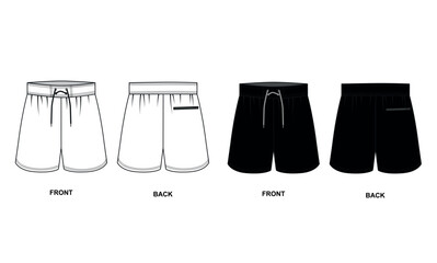 Vector outline drawing of sports shorts with a zipper pocket at the back. Black sport shorts front and back view template. Drawstring shorts for football, tennis, boxing, fitness, swimming