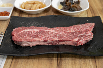 Fototapeta premium South Korea food. raw beef saddle meat
