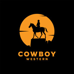 Cowboy Riding Horse Silhouette at Night logo