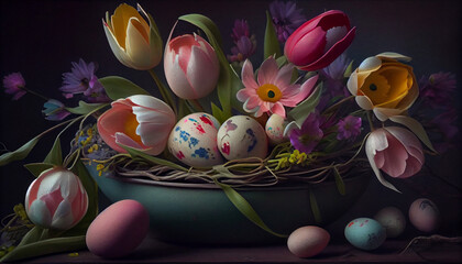 Decorative Easter Composition with Art Eggs, Nest, Wreath, and Spring Flowers on Neutral Background with Floral Accents. Generative AI.