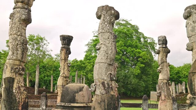 Bending stone pillars from the Nissankalata Mandapa temple ruins in Polonnaruwa, Sri Lanka 