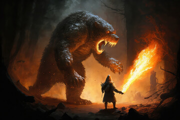 illustration painting of a man with a flamethrower fighting with a demon bear, digital art style. (ai generated)