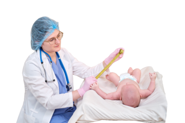 Doctor measures the growth of a newborn baby, isolated on a white background. A nurse in uniform checks the girth of the child head and abdomen. Kid aged two months