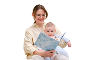 Happy woman mother with infant baby watching in digital tablet while sitting on home sofa in living room, isolated on a white background. Kid aged six months
