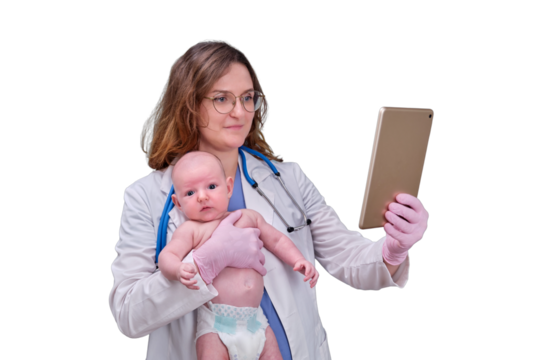 Pediatrician doctor holding tablet and newborn baby, isolated on a white background. Happy nurse in uniform with baby and digital tablet. Kid aged two months