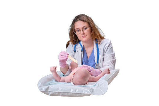 Doctor Checks The Throat Of A Newborn Child With A Plowshare, Isolated On A White Background. A Nurse In Uniform With A Wooden Stick In Her Hand Examines The Child Mouth. Kid Aged Two Months