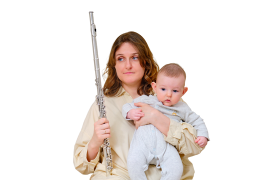Problems with rehearsals and music lessons after childbirth, isolated on a white background. Sad woman mom with infant baby and flute on home sofa