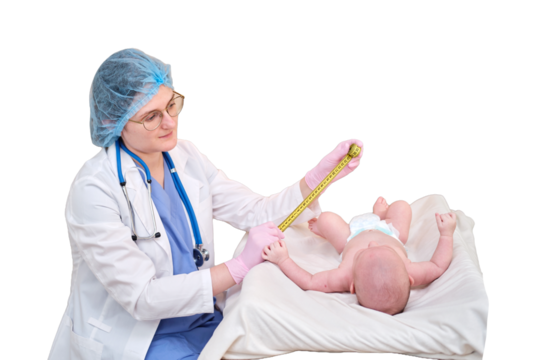 Doctor measures the growth of a newborn baby, isolated on a white background. A nurse in uniform checks the girth of the child head and abdomen. Kid aged two months