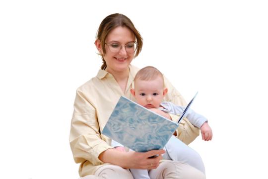 Happy woman mother with infant baby watching in digital tablet while sitting on home sofa in living room, isolated on a white background. Kid aged six months - Powered by Adobe