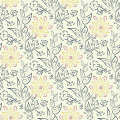 Wildflower seamless vector pattern background. Vintage boho style meadow flowers backdrop. Hand drawn textural painterly botanical design. Garden flower cottagecore maximalist repeat