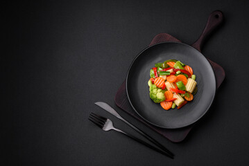 Delicious juicy broccoli vegetables, carrots, asparagus beans and bell peppers