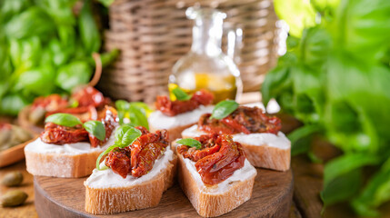 Bruschetta with sun-dried tomatoes, cheese, basil and capers. Traditional appetizer for aperitivo in Italy. High quality photo. Copy space. High quality photo