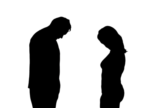 Silhouette of sad man and woman, isolated on a white background. Divorce of husband and wife in the evening light of the home living room