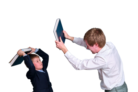 A man and a schoolboy boy fight with books, isolated on a white background. Challenges to work and study from home during the coronavirus pandemic