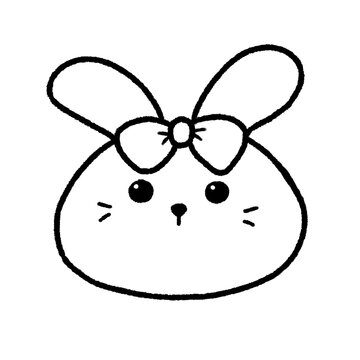 Hand-drawn Line rabbit with pink ribbon  in doodle style