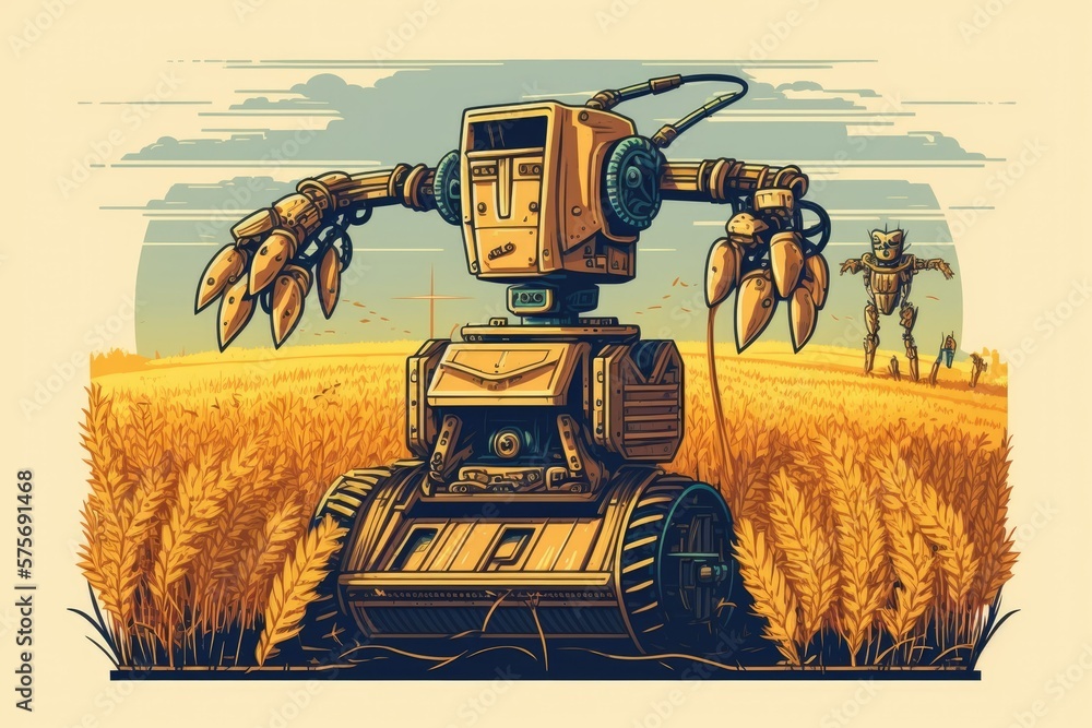 Poster a robot tending wheat at a farm. innovative farming system. generative ai