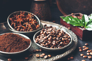 Roasted coffee beans and ground coffee, toned photo