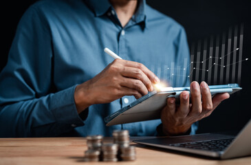 Businessman saving money in piggybank goal achievement chart graph and arrows. Funds and stock Investment profits. assets, wealth, lucrative. Purchase insurance and investing for retirement...