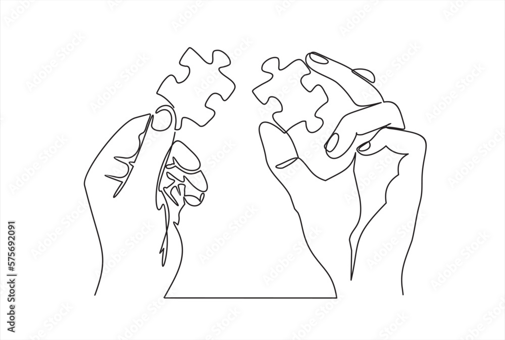 Poster continuous one line drawing of hands and puzzle. business matching - connecting puzzle elements. puz