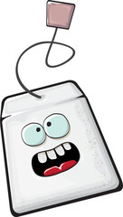 Cartoon tea bag characters isolated on white background. Funky paper tea bag character with eyes and mouth. Vector white teabag with clip art, emoji, label and sticker