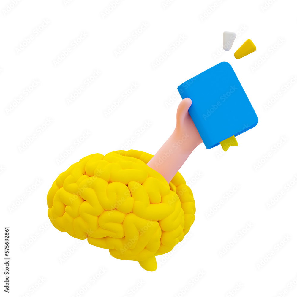 Poster 3d cartoon brain development concept. self-development. reading a book to get a new idea. hand holdi
