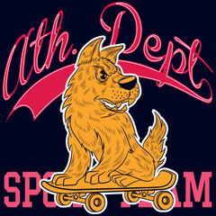 Skater dog character design. New York Skate vector print.Dog,skateboard,palm drawing.Fun t-shirt design for kids.Vector illustration design for fashion fabrics, textile graphics, print.