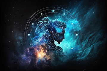 Aries zodiac sign against space nebula background. Astrology calendar. Esoteric horoscope and fortune telling concept, created with Generative AI