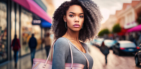 Fototapeta na wymiar Portrait of a girl with a shopping bag on the street. generative AI