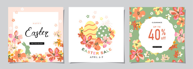 Fototapeta na wymiar Happy Easter Set of Sale banners, social media, greeting cards, posters, holiday covers. Trendy design with typography, hand painted plants, eggs and bunny, in pastel colors. banner background.