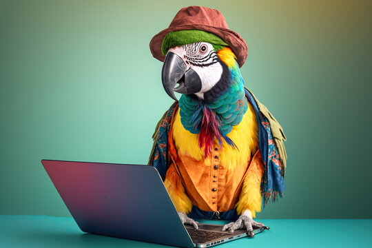 Studio photo portrait of a happy parrot in hipster clothes with a laptop, created with Generative AI technology