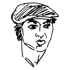 Head of a handsome young man wearing a cap. Male portrait. Hand drawn linear doodle rough sketch. Black silhouette on white background.