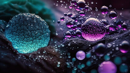 Droplets and other elements in purple and cyan