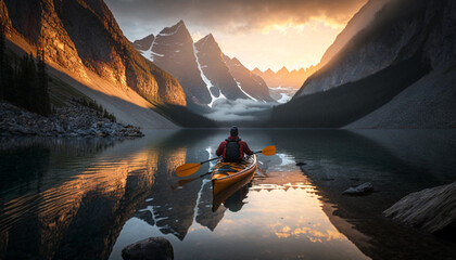 Kayaking in the valley between canyons at the sunset. Ai Generated man canoeing on the river through the mountains. Beautiful reflection in the water. - obrazy, fototapety, plakaty