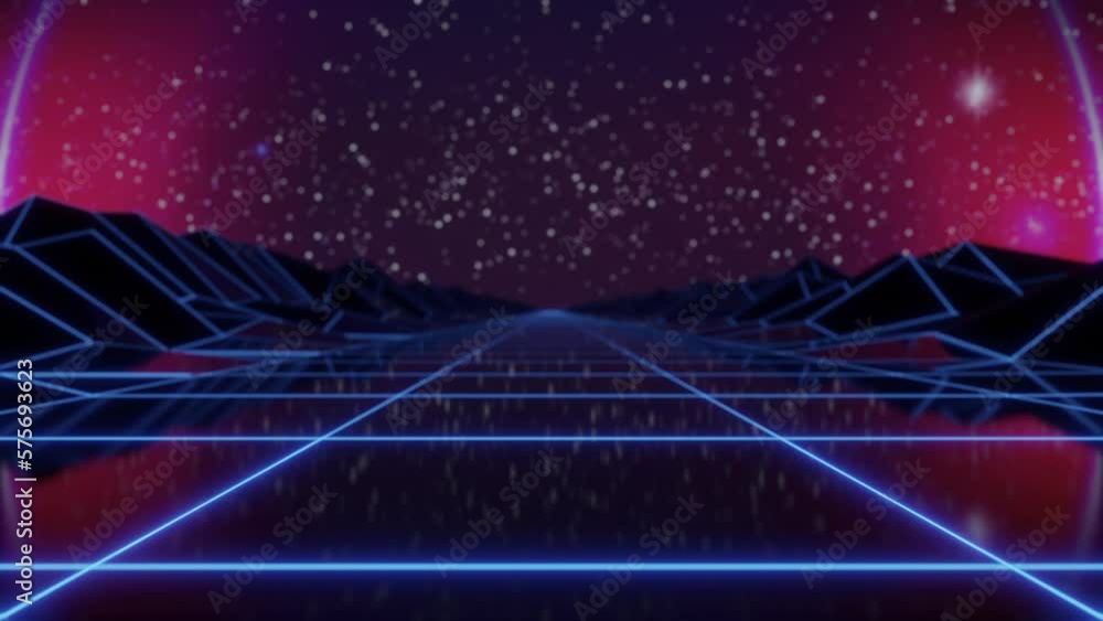 Poster synthwave animated background. 80s wireframe landscape. retro future perspective grid. retrowave sty