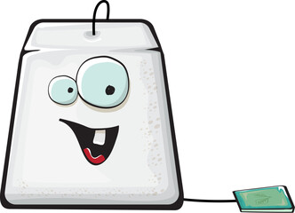 Cartoon tea bag characters isolated on white background. Funky paper tea bag character with eyes and mouth. Vector white teabag with clip art, emoji, label and sticker