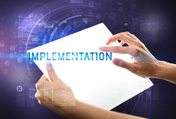 Hand holdig futuristic tablet , technology concept